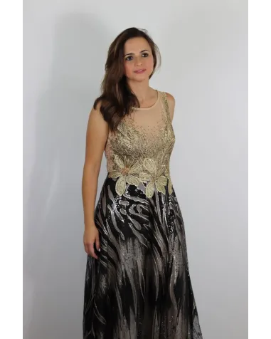 Vestido Largo Vuelo Escote Ilusión Carla Ruiz | Jayme Shop