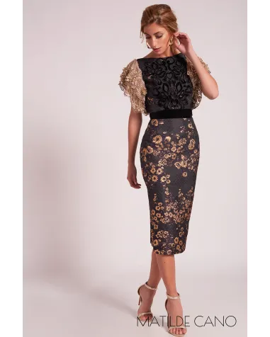 Vestido Brocado Mangas Encaje Matilde Cano | Jayme Shop