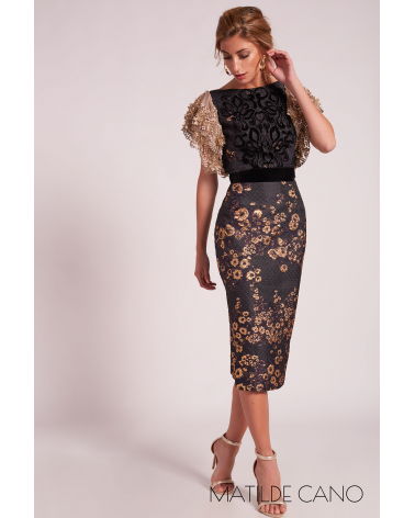 Vestido Brocado Mangas Encaje Matilde Cano | Jayme Shop